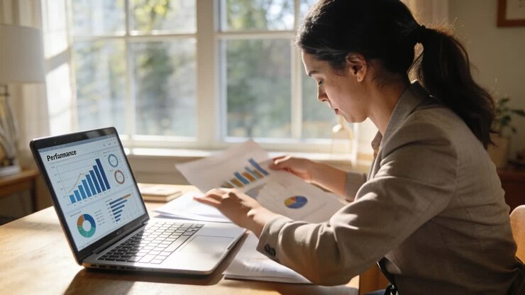 Reacting to printed report, woman in light blazer comparing charts with laptop dashboard at home