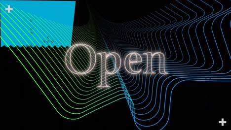 animation of open text in white neon, over colourful parallel lines and blue canvas, on black