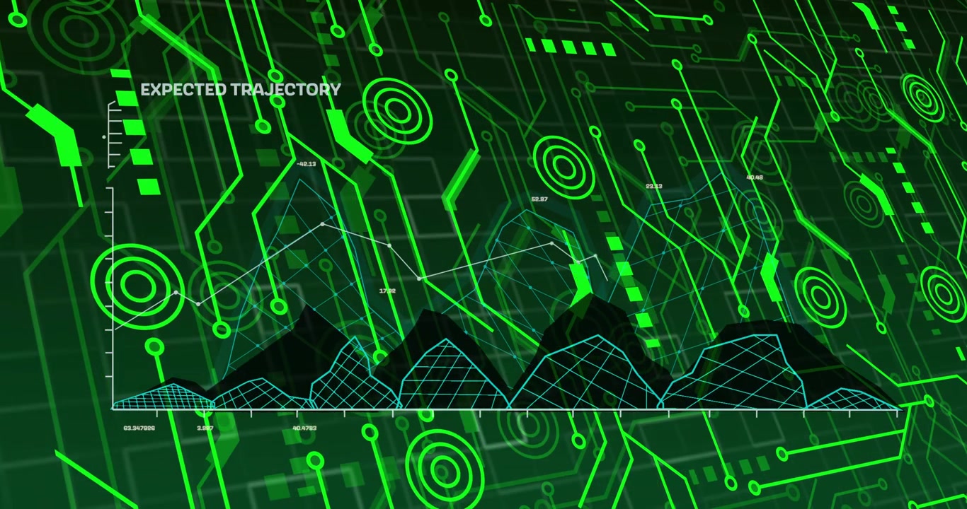 Neon HUD animating from pulsing traces, rising and trajectory plotting nodes, showing expected path