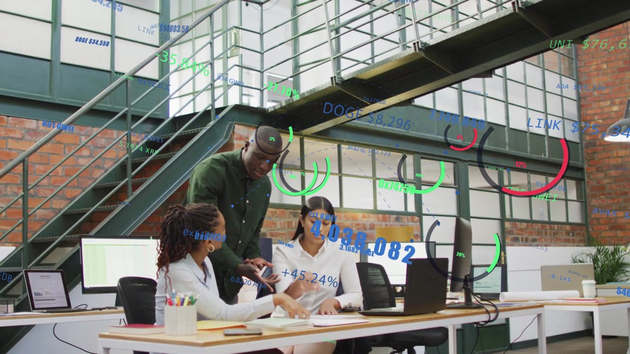 Man showing phone, team leaning in, checking business data and files while AR overlays showing KPIs