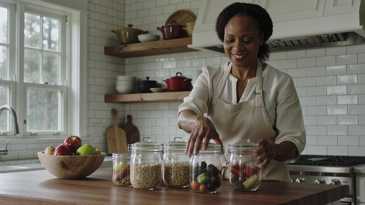 Reaching for lid, woman wearing beige apron aligning four glass jars in kitchen, preparing pantry