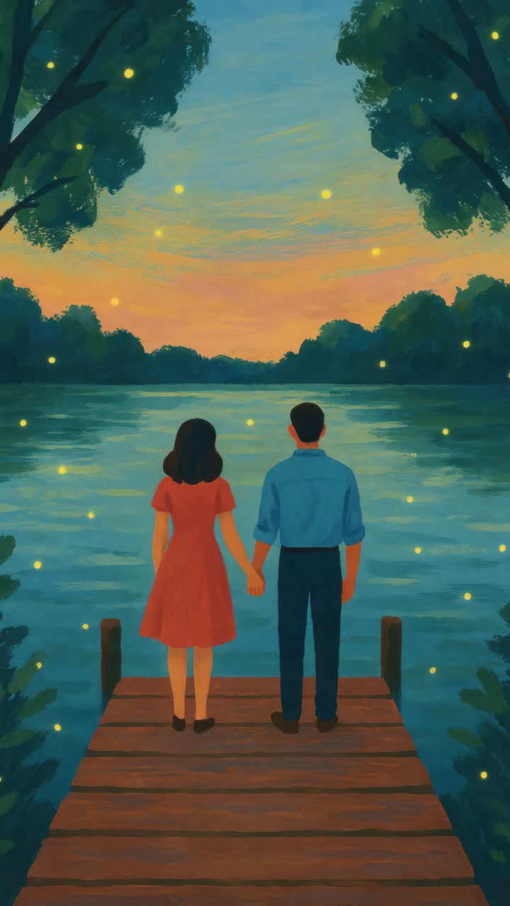Romantic video concept with a couple holding hands on a dock, surrounded by glowing lights