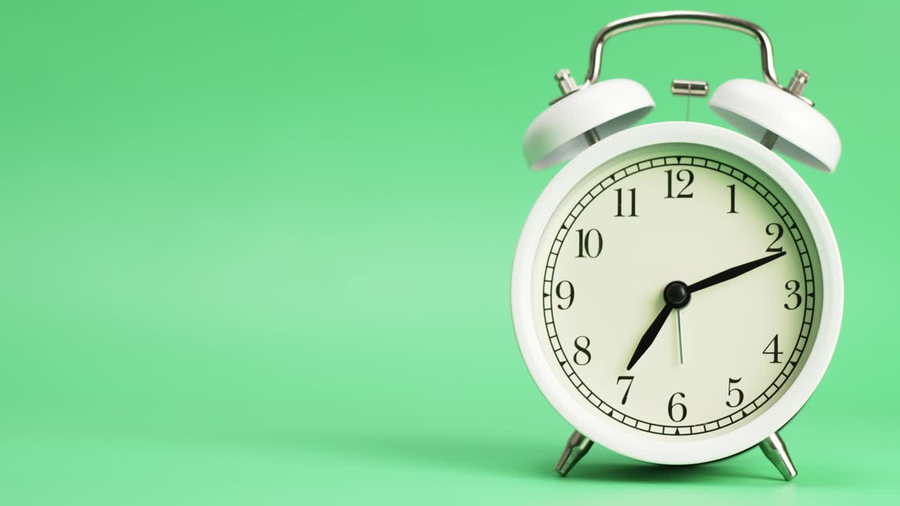reloj de despertador aislado sobre un fondo verde, hora de espectáculo 07:00 a.m. o 00:00 p.m.