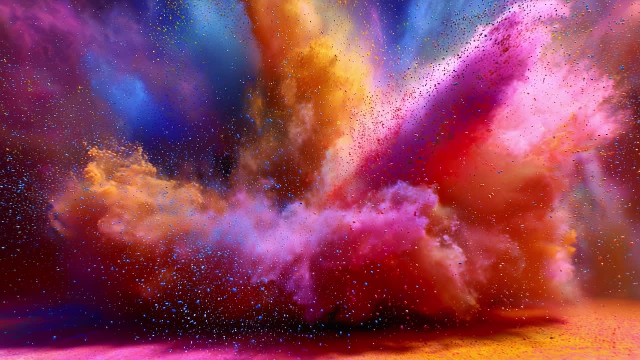 Uno spettacolo mozzafiato di esplosioni colorate catturato in vivaci turbinii di particelle polverose che creano un'immagine abbagliante su uno sfondo dinamico
