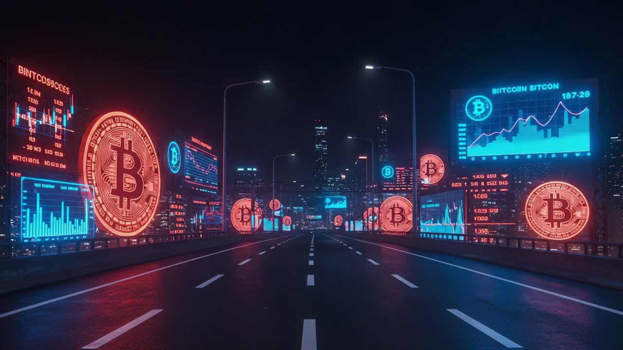 Futuristic Urban Scene Featuring Cryptocurrency Visualizations with Bitcoin Symbols Illuminating a High-Tech Highway Aesthetic at Night