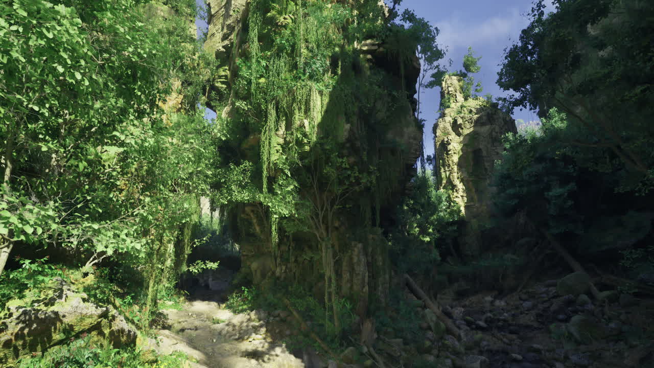 Lush green landscape with towering rock formations in a tranquil forest
