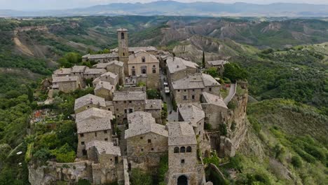 aerial over the hilltop village of civita di bagnoregio, province of viterbo, italy