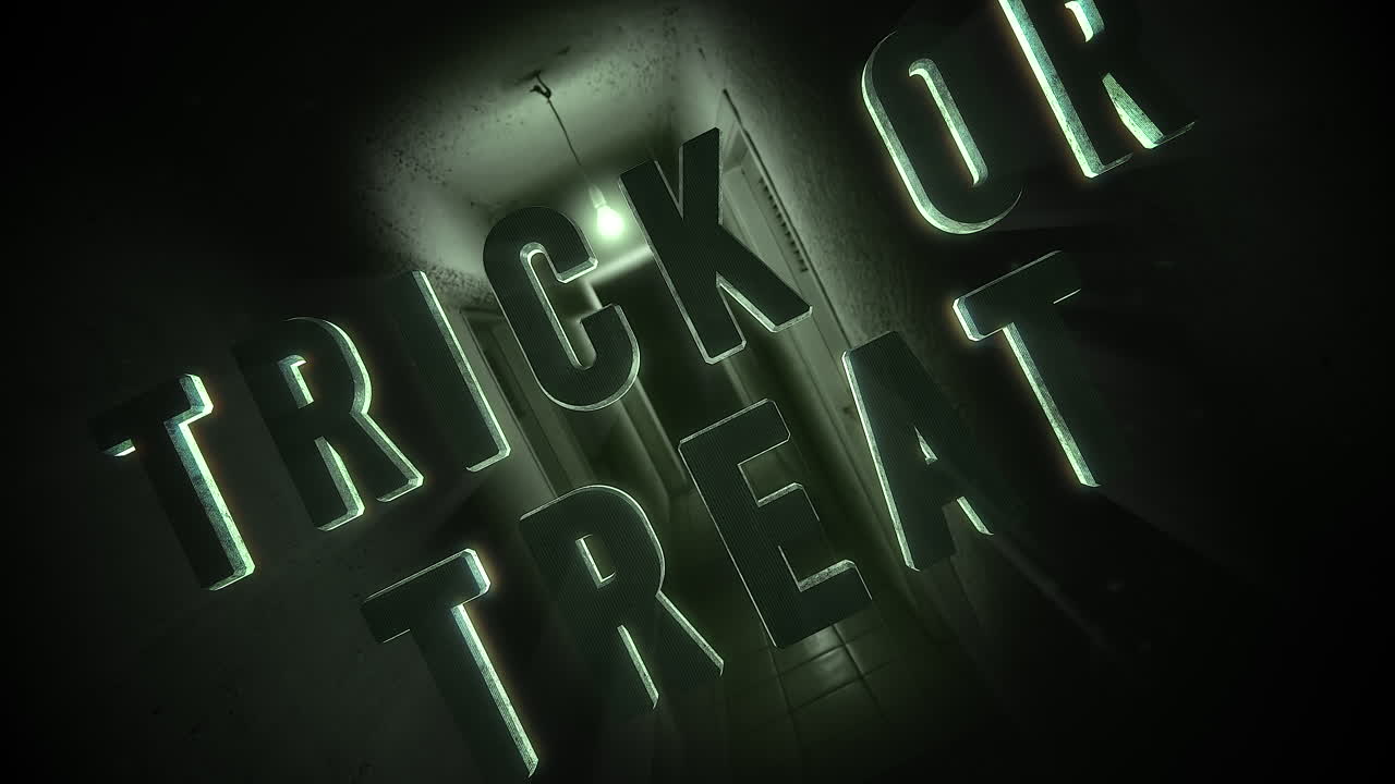 플래시 라이트가 있는 호텔의 신비로운 어두운 홀에서 속임수를 쓰거나 치료하십시오.