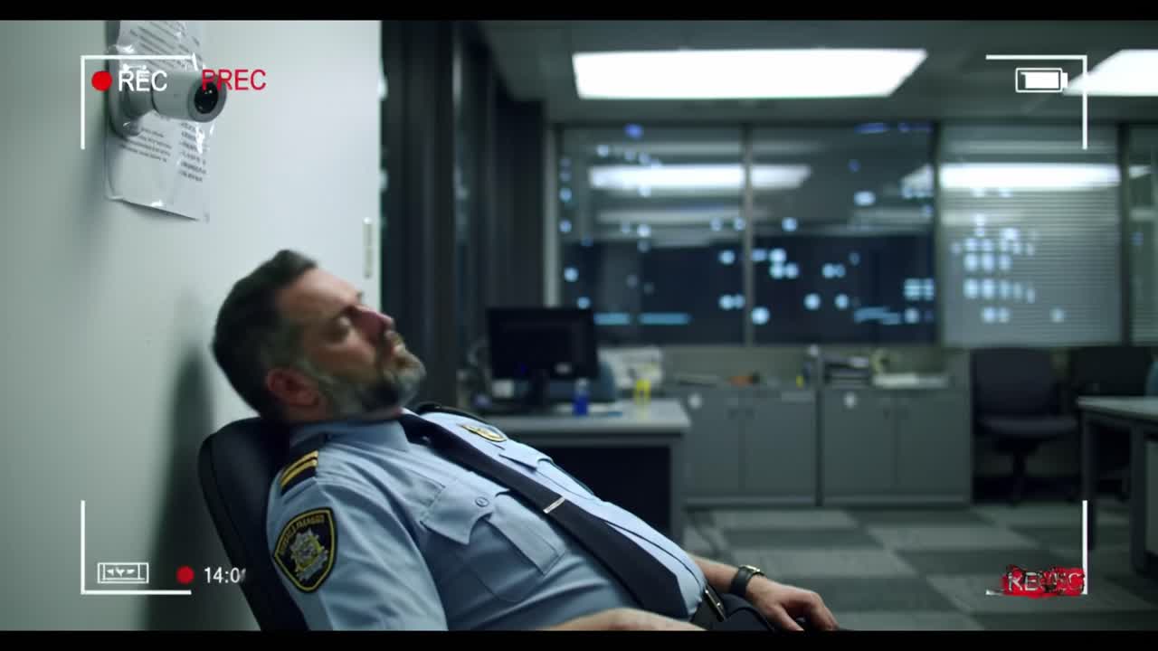 An officer relaxes in a chair, appearing tired during a late shift in a dark police department office filled with paperwork and computer screens.