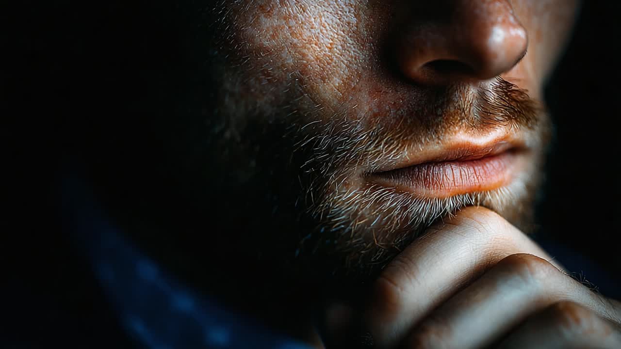 A Contemplative Close-Up: The Intense Expression of Thought Captured in Dramatic Lighting Showcasing the Depth of Contemplation and Emotion