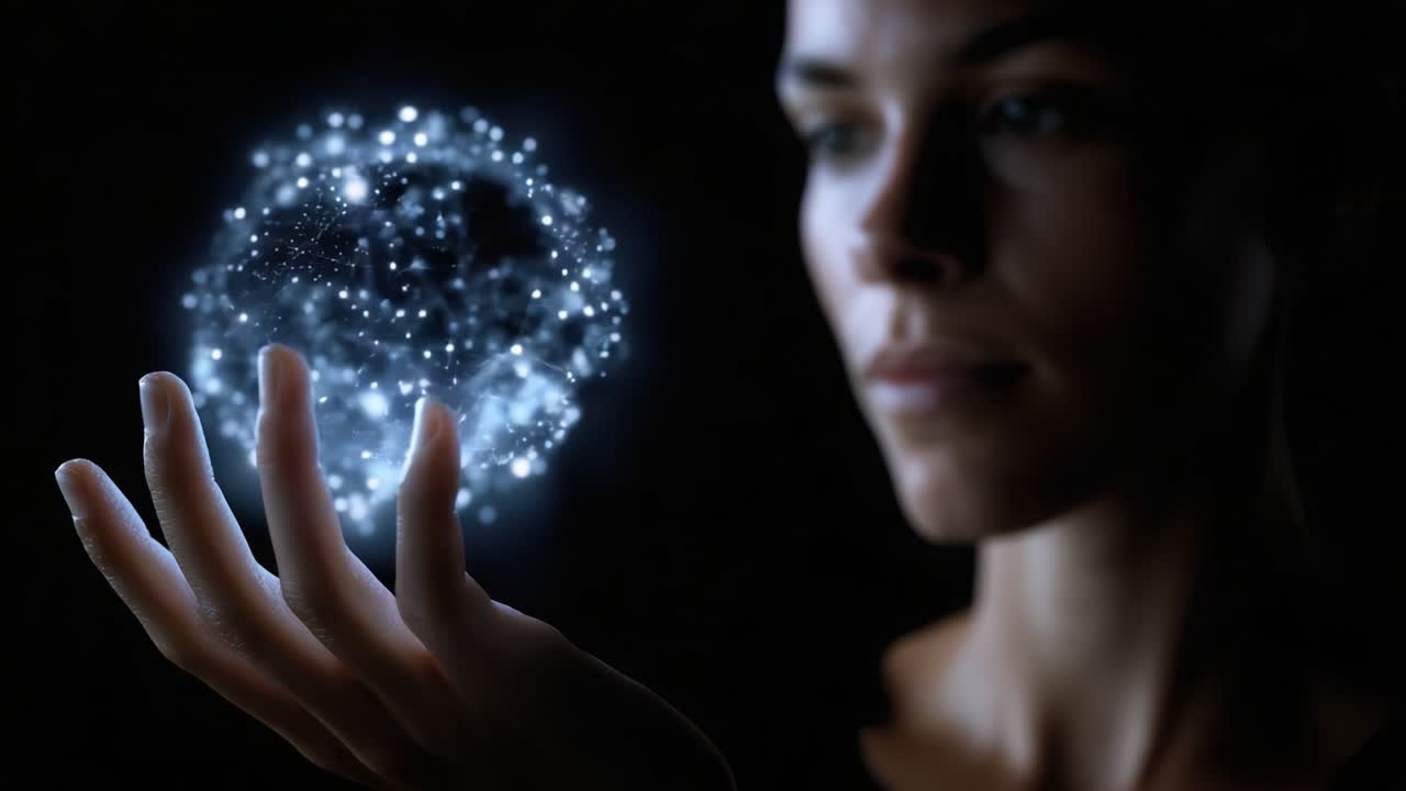 Una donna che tiene in mano una sfera di luce incandescente, che unisce tecnologia e umanità in un momento accattivante di meraviglia e immaginazione su uno sfondo scuro
