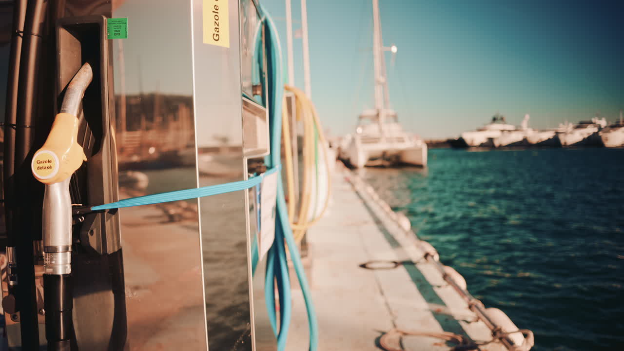 Filmreife Nahaufnahme einer Marine-Diesel-Pumpe mit Beschriftung in einem sonnigen Jachthafen