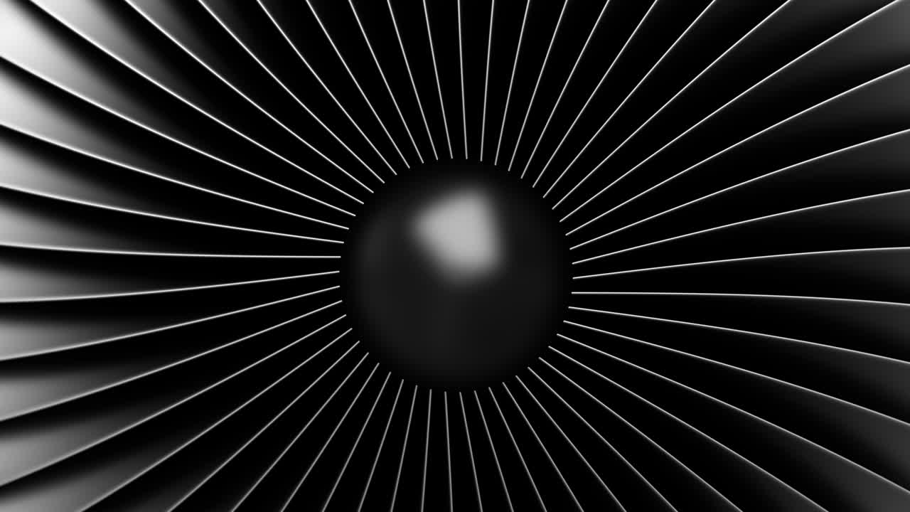 4k анимация бесшовной петли. черные нержавеющие стальные лопасти реактивного двигателя. крупный вид ротационной турбины из турбореактивного двигателей самолетов.