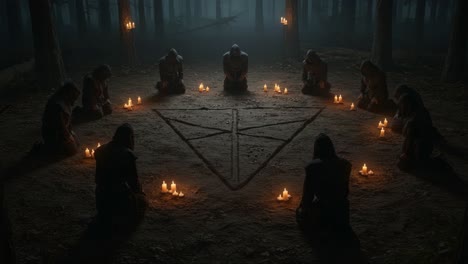 a mysterious ritual taking place in a dark forest, surrounded by hooded figures candles illuminating a secluded circle with an intricate symbol drawn on the ground