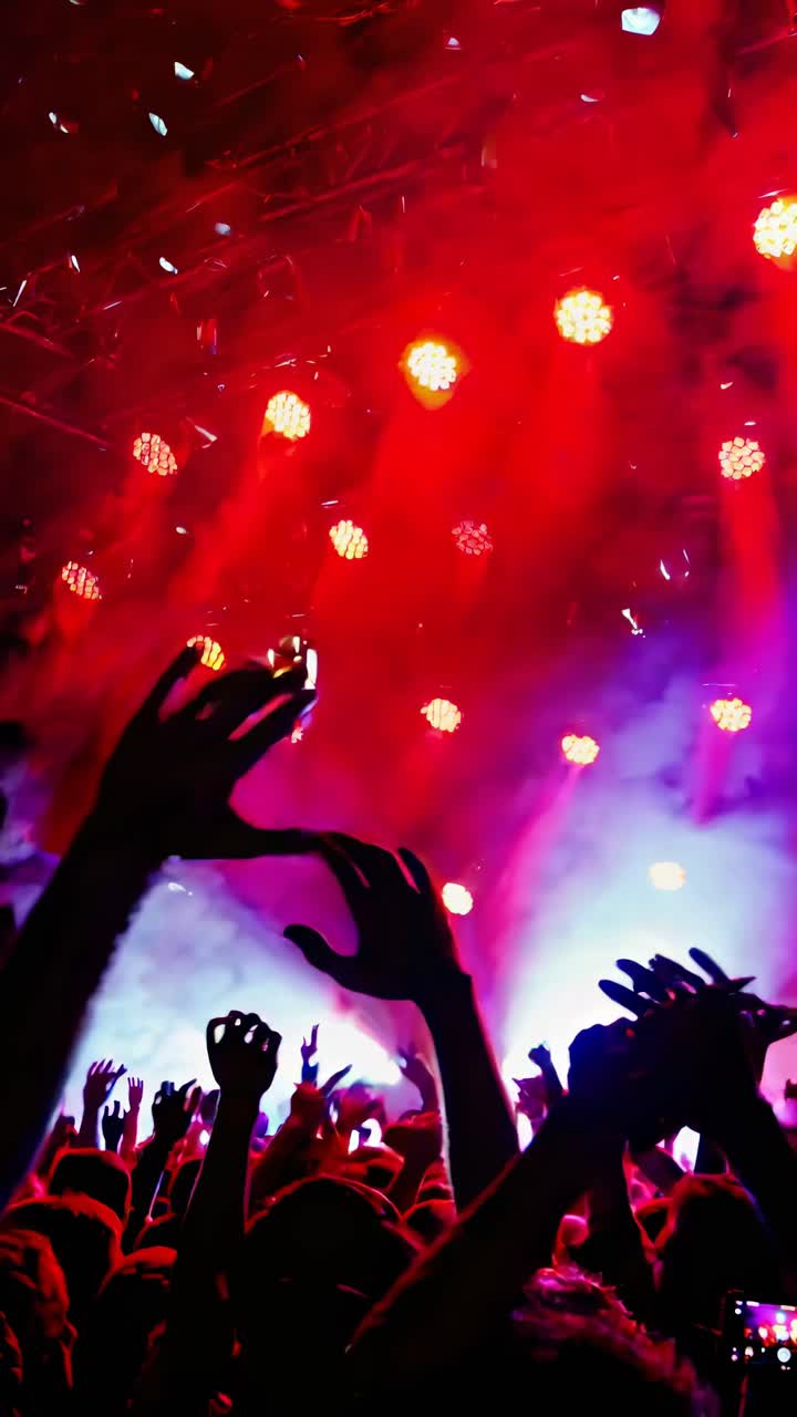 Dynamic concert video scene with a low-angle shot capturing a vibrant crowd under bright stage
