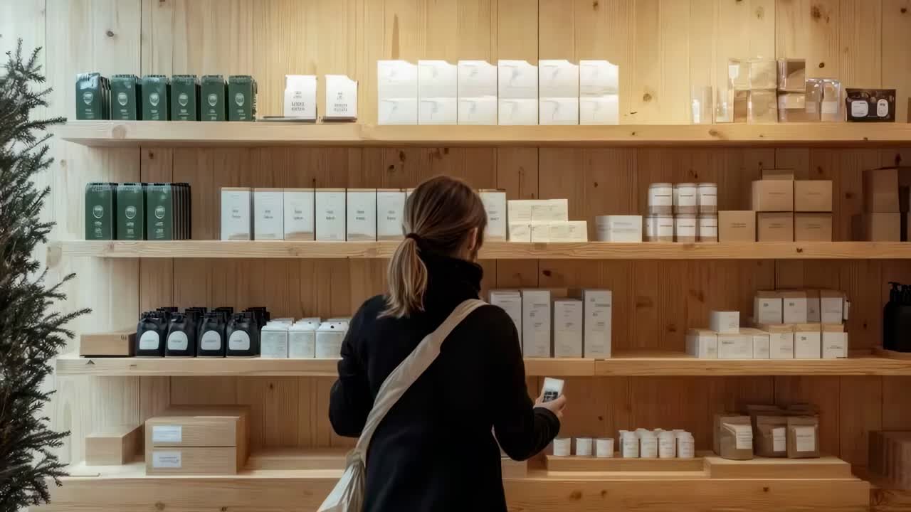 A woman in a store browsing shelves of neatly arranged products. Captured from behind at eye level