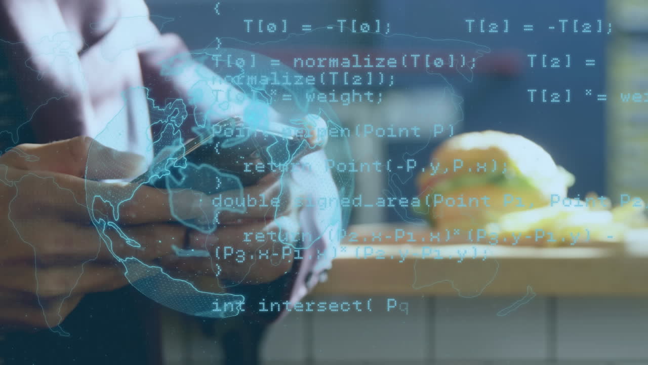 Animation of globe and data processing over biracial woman using smartphone