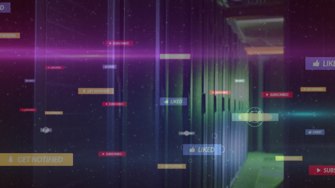 Digital notifications and likes animation over futuristic corridor with neon lights