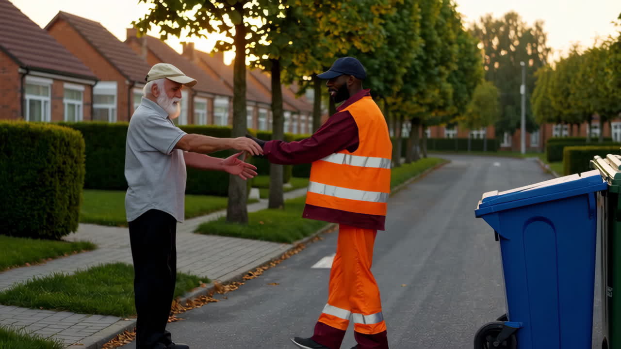 Sanitation Worker and Resident Interact with Recycling Bins on a Residential Street