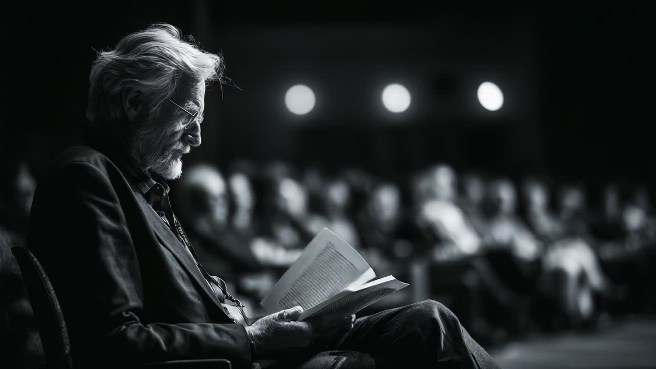 A Thoughtful Elder Engaged in Reading, Surrounded by an Audience in a Dimly Lit Setting, Capturing the Essence of Reflection and Intellectual Pursuit Amidst Collective Engagement
