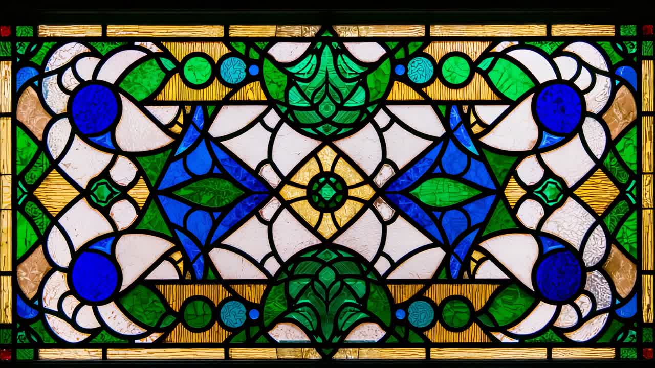 Zooming camera cropping design of stained glass panel on church wall, with central botanical motif