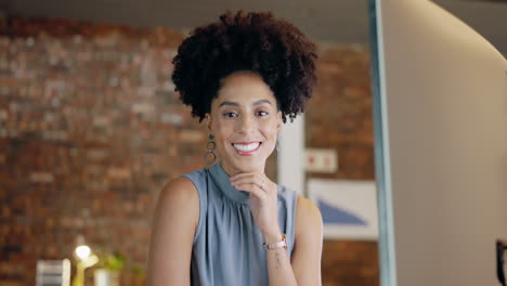 business woman, face and smile at computer