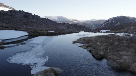 在蘇格蘭卡恩戈姆斯 (cairngorms) 的懸崖邊緣飛過之前, 無人機追蹤一條河流的空中影像, 揭示了凍結的冬季風景, 雪覆蓋的山脈, 垂直的懸崖, 岩石, 雪和冰