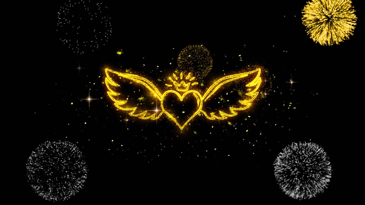 Golden Heart with Wings and Fireworks