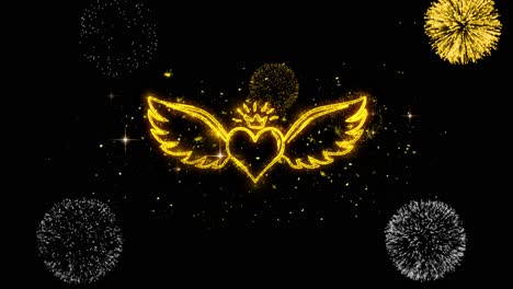 golden heart with wings and fireworks