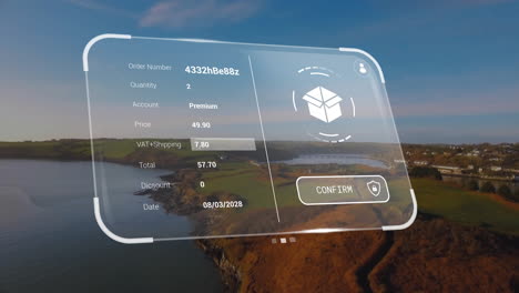 animation of digital interface with data processing over seaside landscape