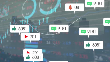 Animation-of-social-media-icons,-statistical,-stock-market-data-processing-against-cityscape