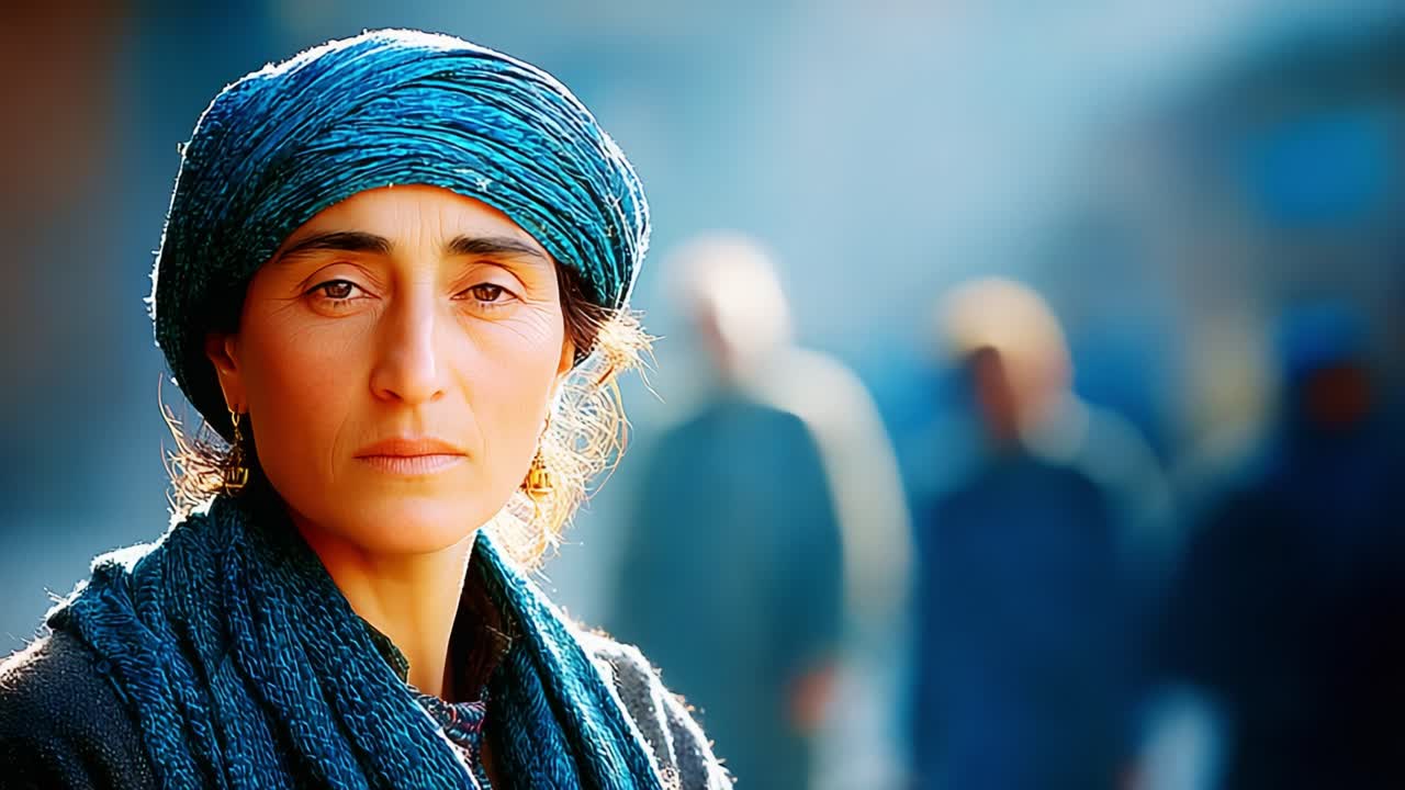A Thoughtful Portrait: A Woman in a Colorful Scarf Gazes Intently at the Camera, Capturing an Emotive Moment That Reflects Resilience and Strength in Community Settings