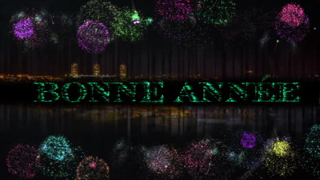 animation of bonne annee text and fireworks exploding on black background