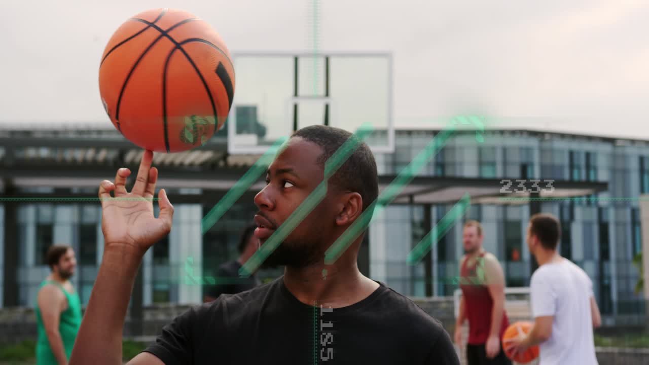 Man tossing basketball, spinning it on fingertip on court, green sports HUD highlighting spin skill