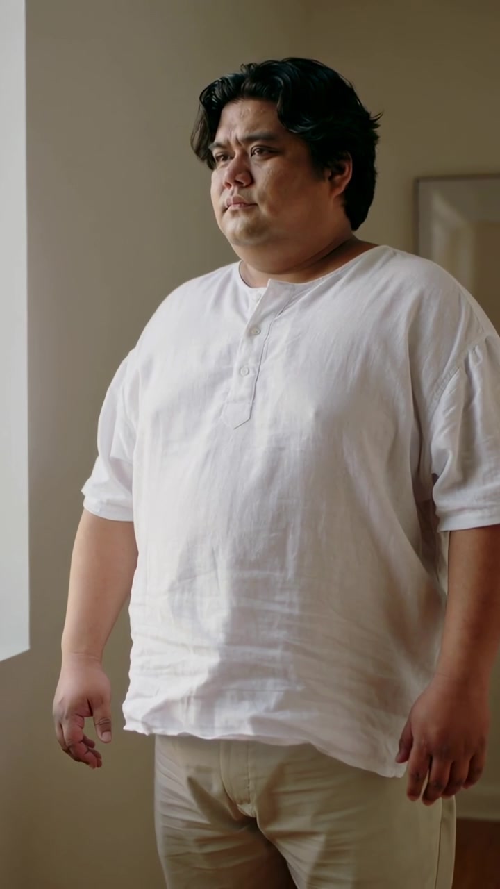 Video vertical: Hombre asiático girándose con una camiseta Henley blanca, mirando por una ventana luminosa en casa, con arte enmarcado.