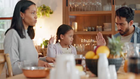 happy, food and high five with family at table