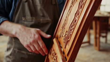 expert craftsman displaying carved wooden chair