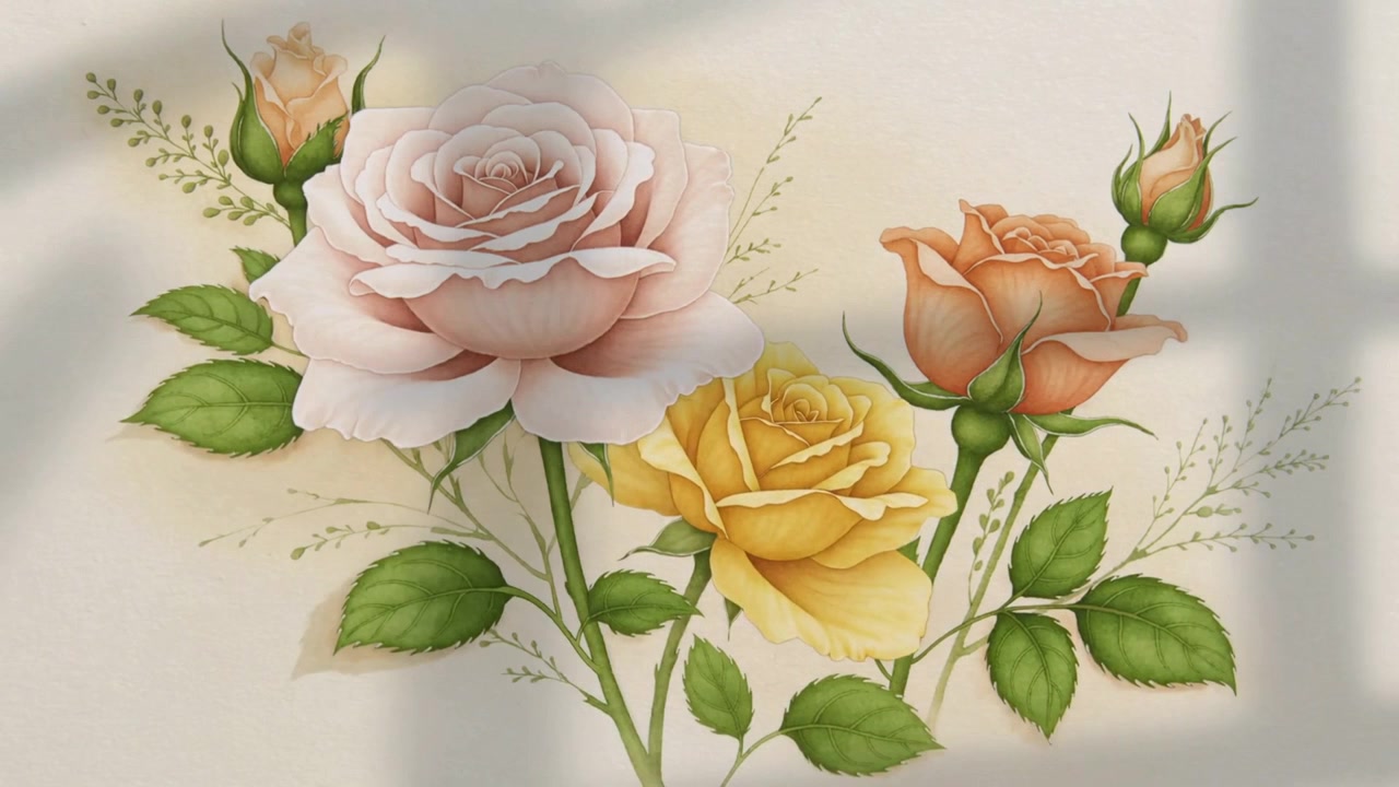 Fotogrammi che avanzano rivelando tre rose che acquisiscono dettagli su uno sfondo, formando un'opera d'arte botanica finita.