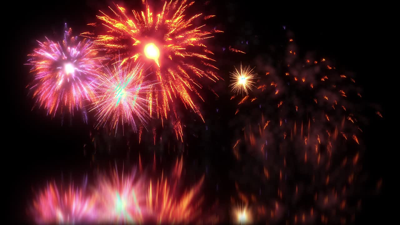 4k 3d 렌더링 추상적인 마법, 다채로운 불꽃놀이 입자 효과, 바닥에 빛의 반사와 함께 반이는 빛, 파티 축하를 위해 검은 하늘에 무작위적으로 빛나는 불꽃 놀이.