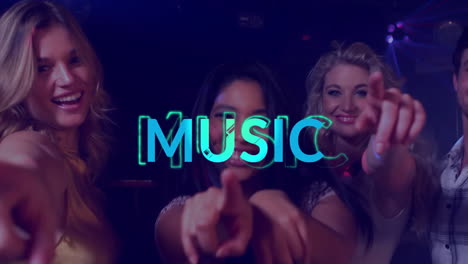 pointing towards camera, three women with music text animation over them
