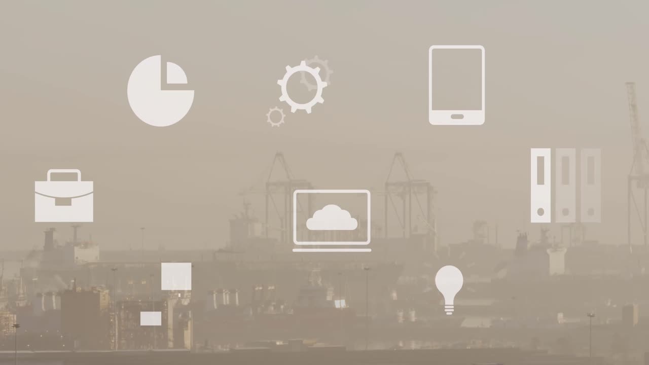 Animation of multiple icons over fog covered modern cityscape against sky