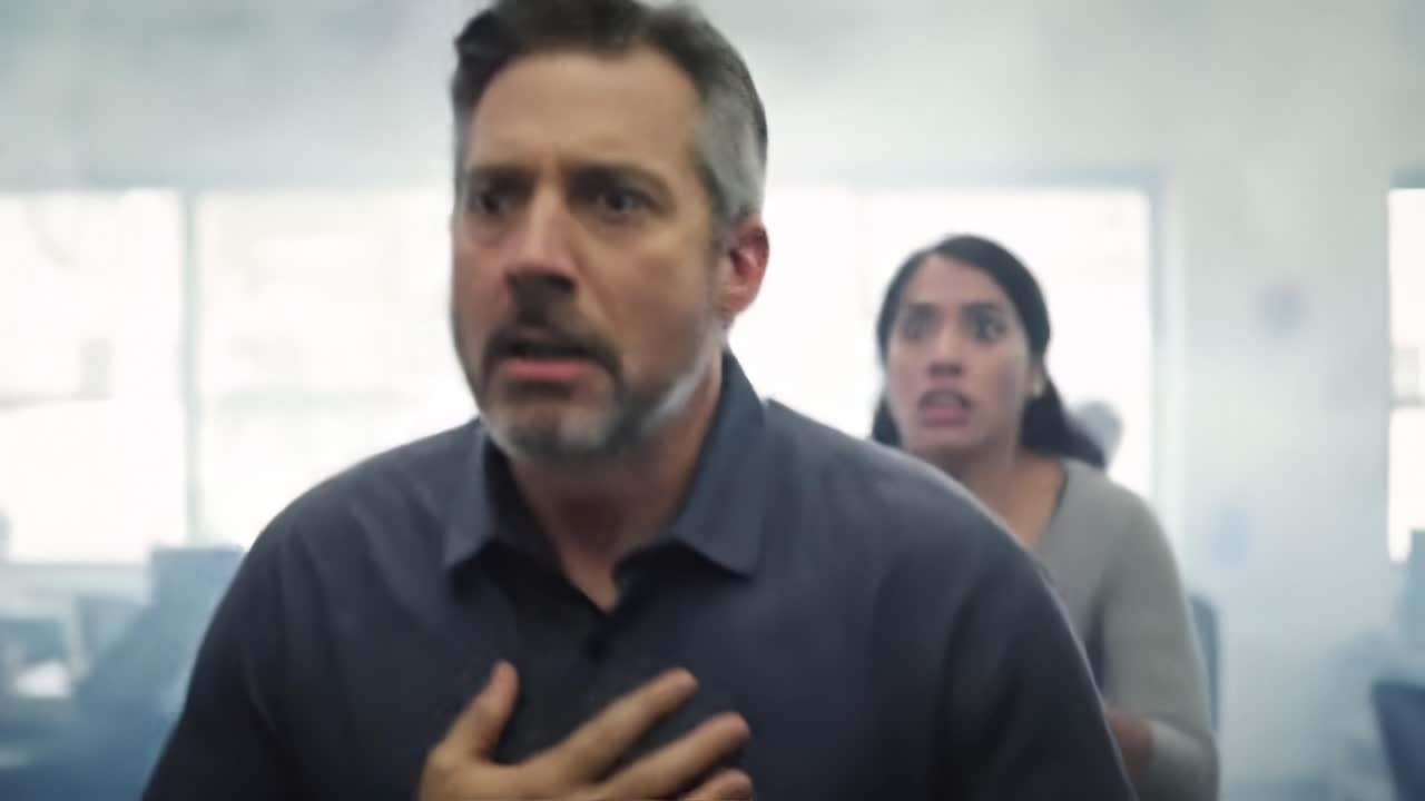 Two people urgently escape a hazardous situation in a smoke-filled environment. Their expressions reflect fear and determination as they navigate through the chaos.