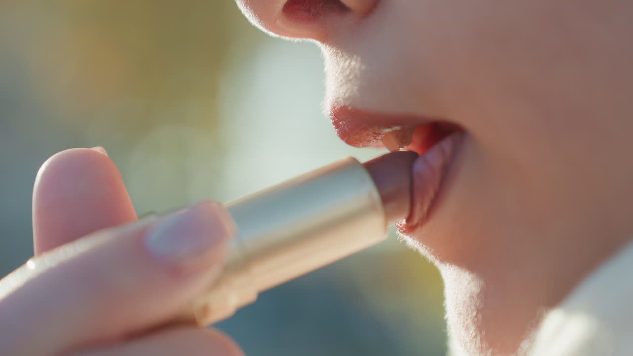 Nahaufnahme einer weißen Frau, die im Freien Lippenstift aufträgt, mit goldenem Bokeh, sanftes Sonnenlicht auf der Haut, Tube an die Unterlippe gepresst, Pendlerin, die den Schal zurechtrückt, gezielte sanfte Striche, dezenter Glanz.