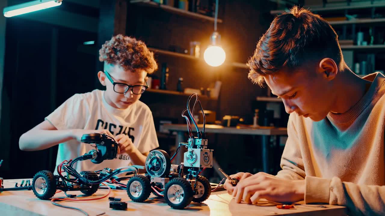 Dua remaja membuat robot di meja kayu di bengkel yang remang-remang