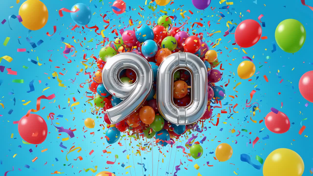 Erupting confetti launching latex balloons and centering silver 90 on blue set for 90th birthday
