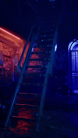 dark and grunge interior with metal staircase and neon lights