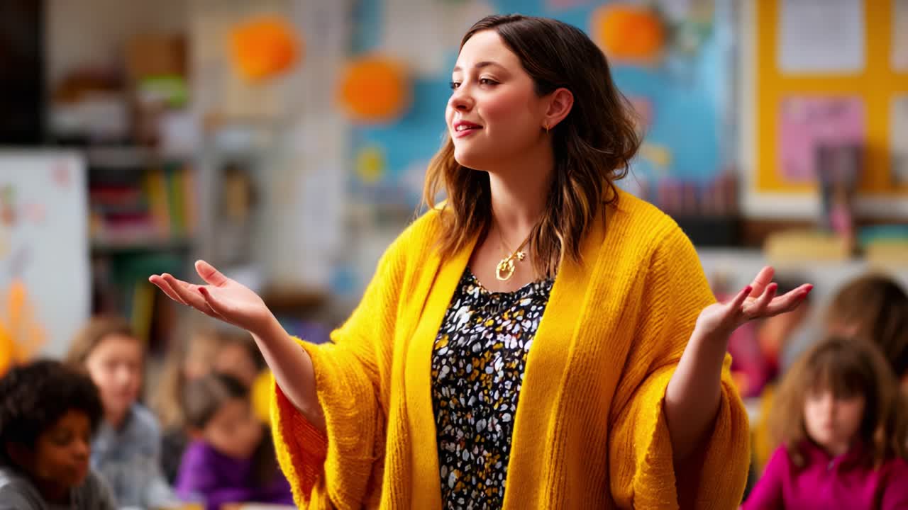 A passionate educator engages a classroom full of eager students, sharing insights and inspiring curiosity in a vibrant learning environment filled with colorful decorations