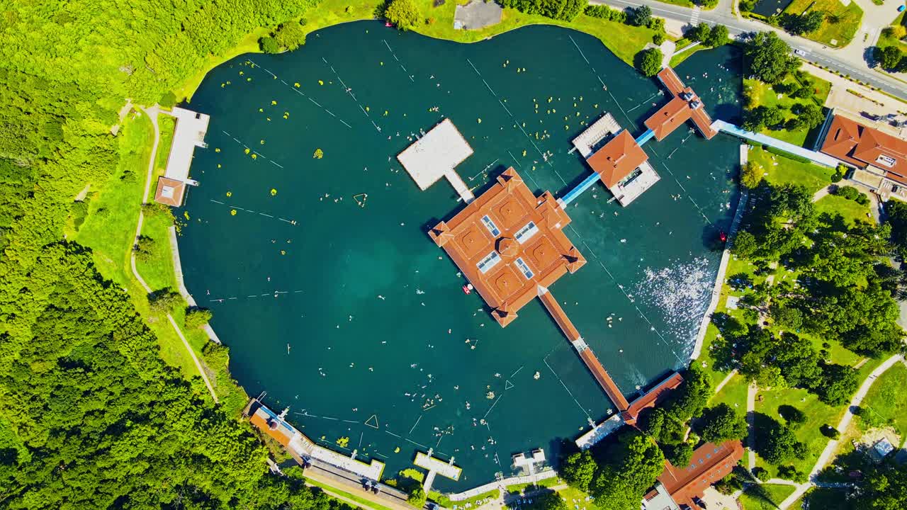 Aerial 4K drone footage of Thermal Lake of H&eacute;v&iacute;z in Hungary