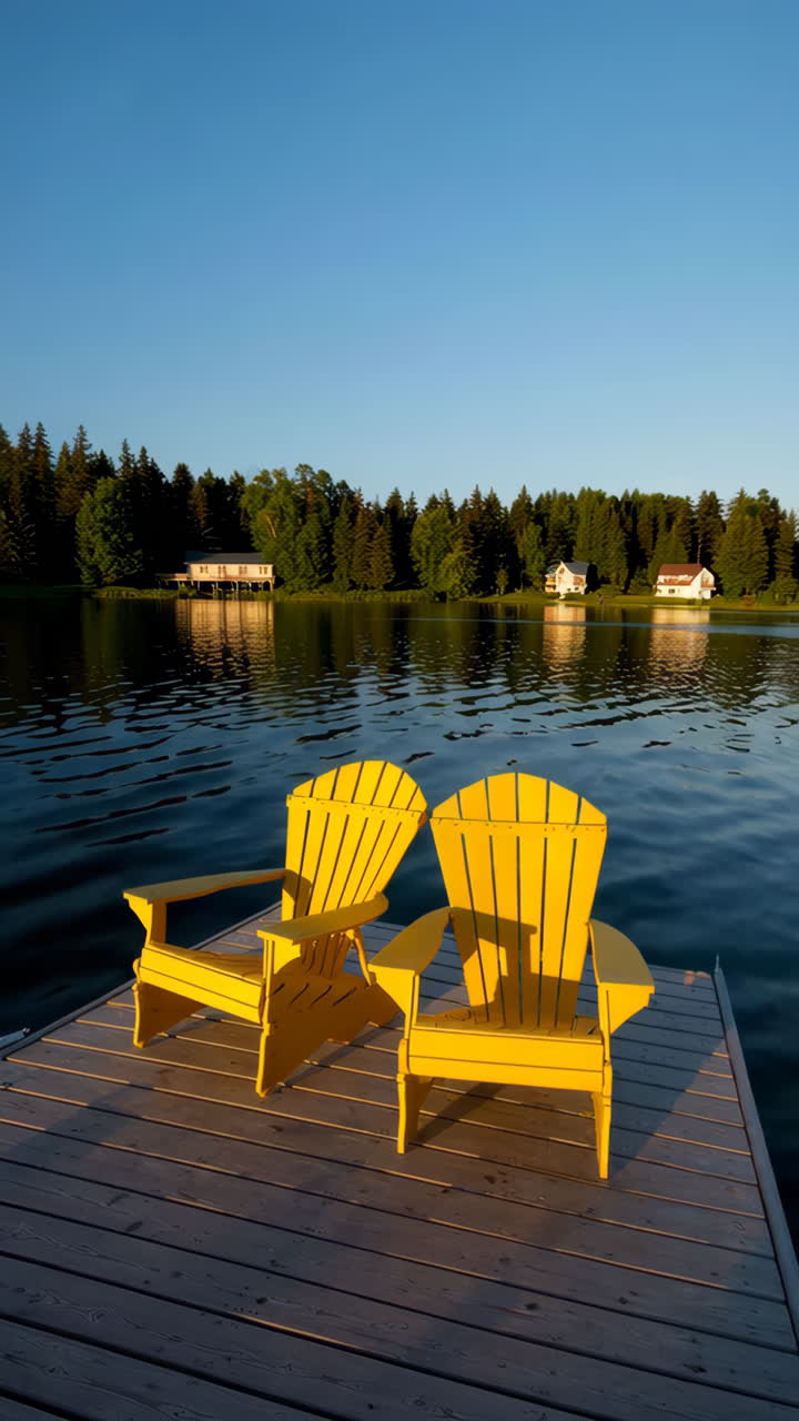 Two Yellow Adirondack Chairs on a Lakeside Dock at Sunset