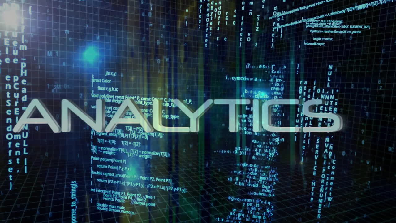 Animating analytics text over digital data and coding background